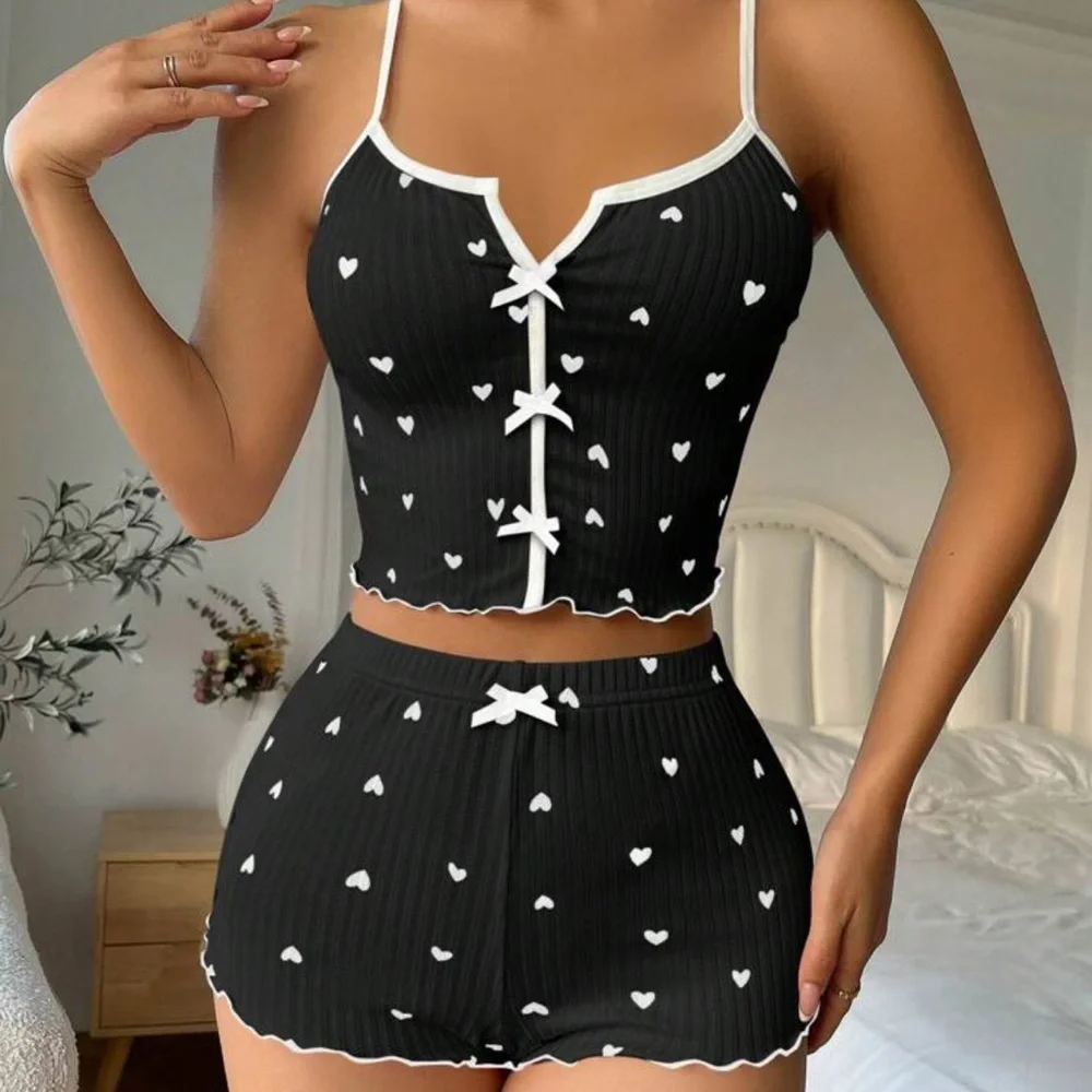 SHEIN | Black Heart Print Contrast Binding Bow Front PJ Short Set